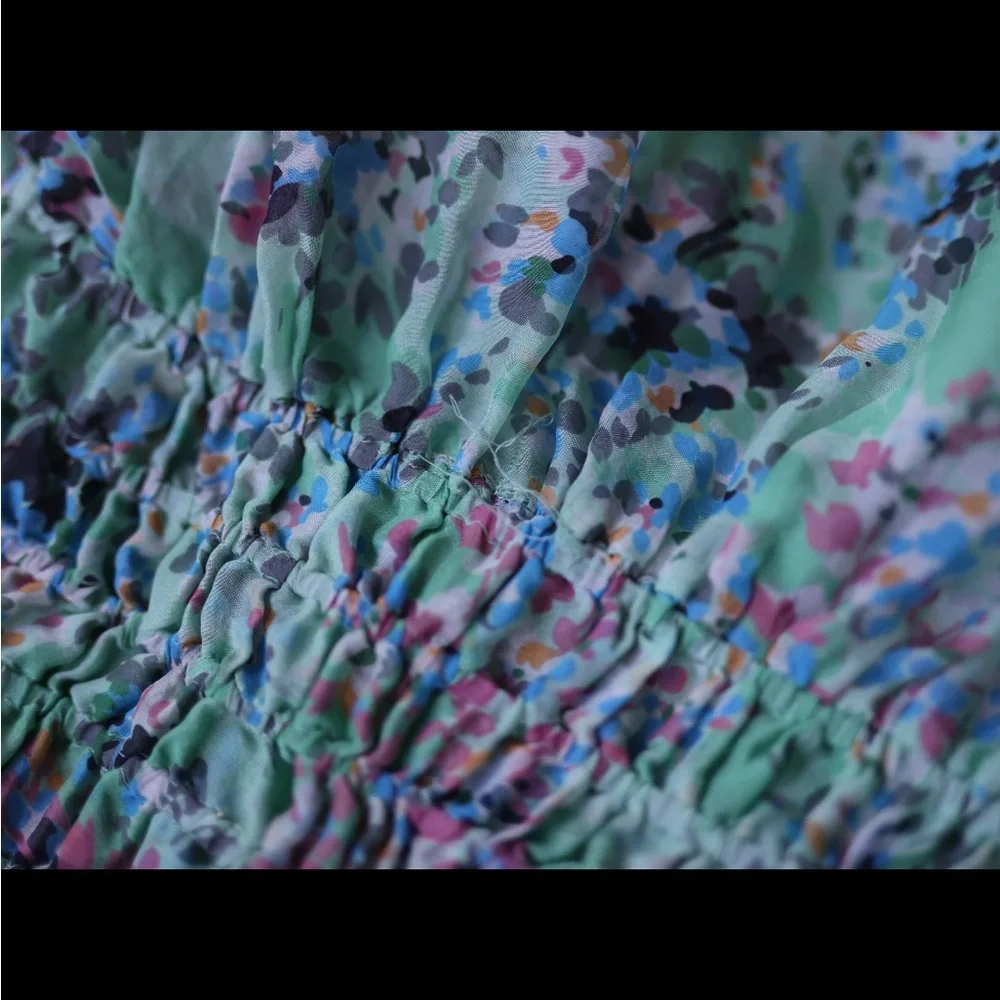 Vintage floral green semi sheer silk wide sleeve blouse top - Picture 6 of 7